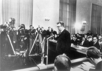 Horst Fischer, the SS camp doctor at the Buna/Monowitz concentration camp, during his trial (March 10–25, 1966) in the courtroom of the Supreme Court of the GDR in Berlin, 1966
'© Fritz Bauer Institute